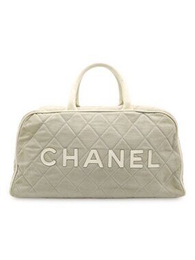 Chanel Sports Line Quilted Logo Mini Boston Bag Canvas Leather Light Gray White